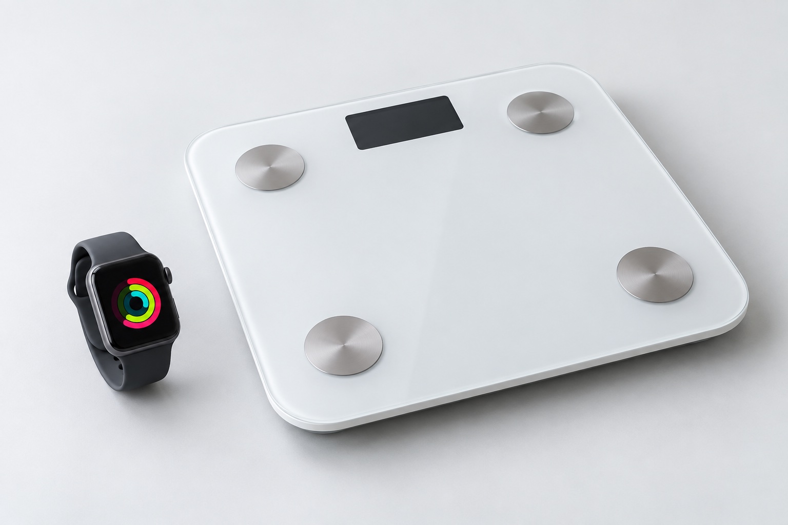 Apple Watch beside a smart scale — product illustration